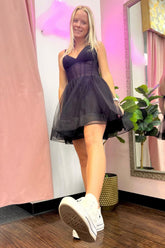Black Homecoming Dress Corset A-Line Short Tulle Prom Dress